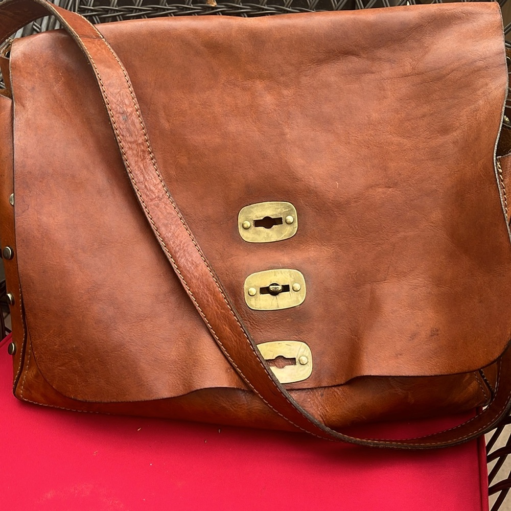 J. Peterman Tan Leather Crossbody Mailbag